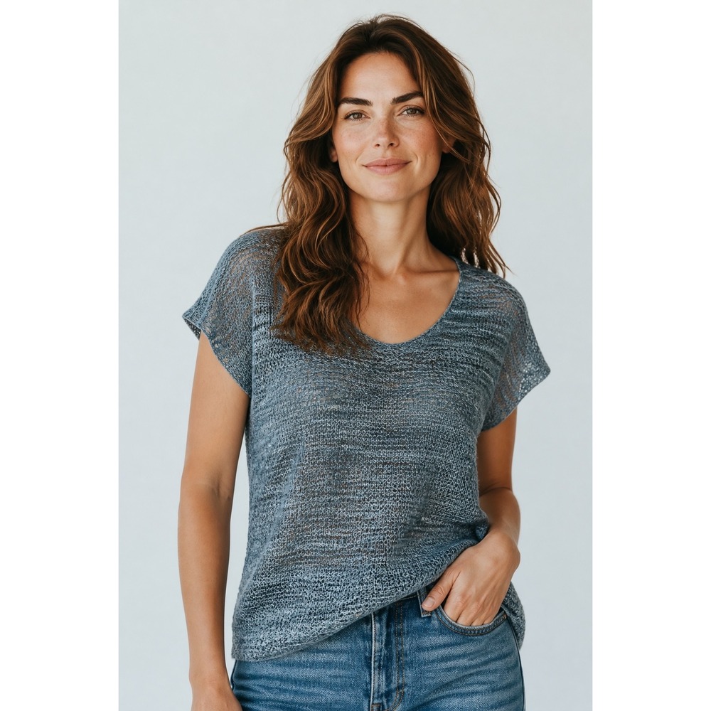 Eileen Fisher Blue Linen Blend Open Knit Short Sleeve Boxy Top Large RN78121